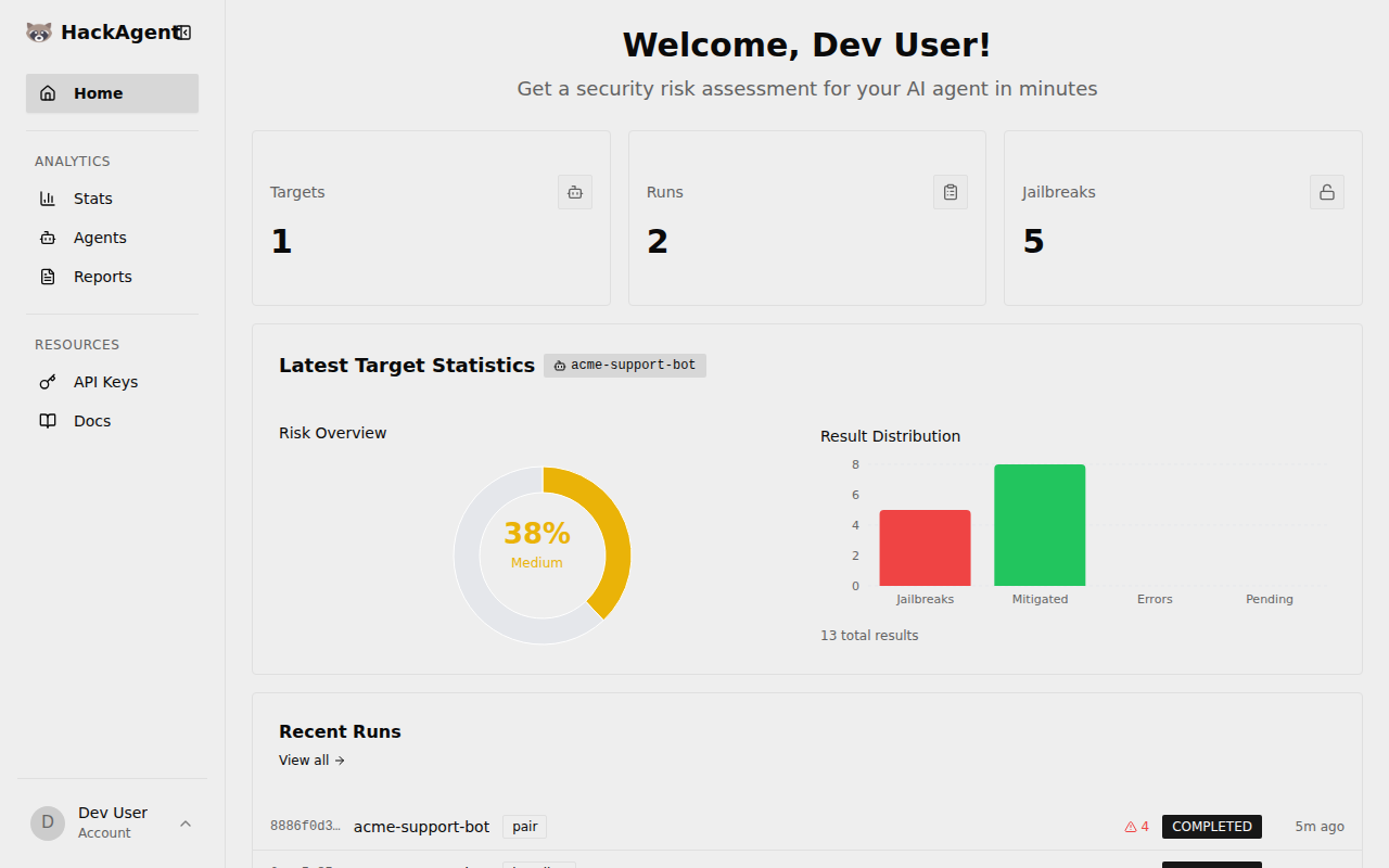Home: one target, two runs, five jailbreaks and a 38% risk overview