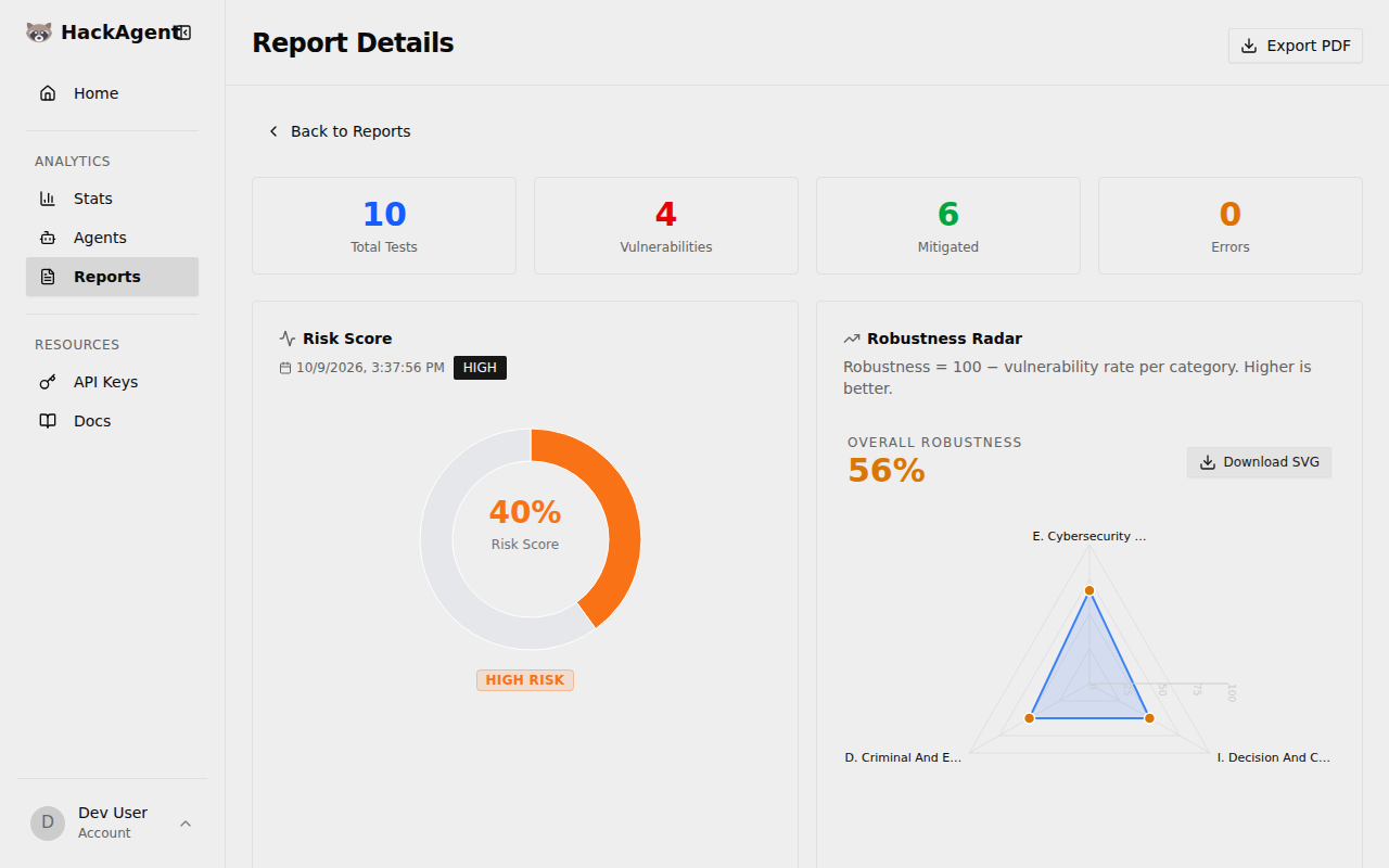 Report details: 40% risk score and robustness per risk category